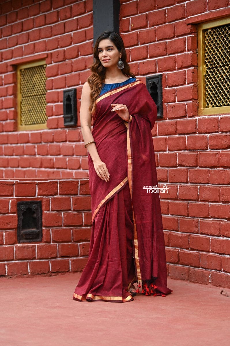 Saadgi ~Pure Cotton Handloom Sarees with Intricate Borders ~ Maroon