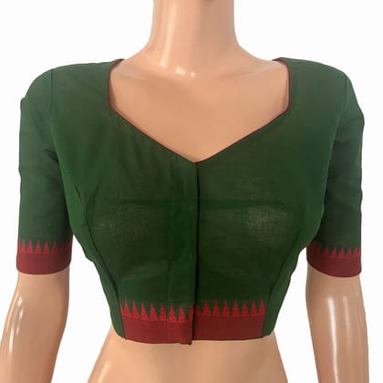 Handloom Mangalgiri Cotton Sweetheart Neck Blouse with Lining, Bottle Green , BH1331-S