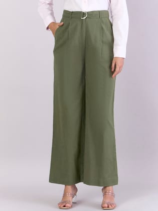 Women Dark Green Pleated loose fit High-Waist trouser with detachable D-ring belt-XS