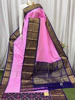 Pochampally Ikkat Kanchi Border Pink Navy Blue Sari