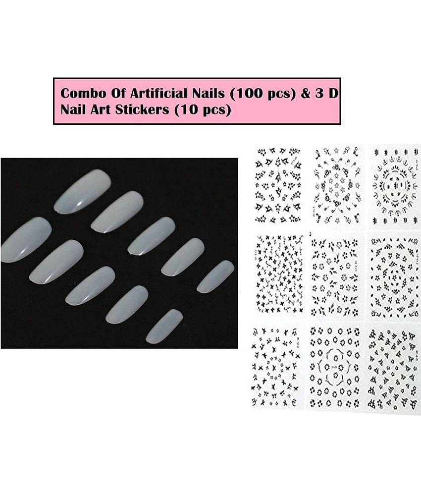 FOK Combo Set Of 10Pc 3D Nailart Stickers Reusable Fake Nails Acrylic Finger Nails 100 no.s