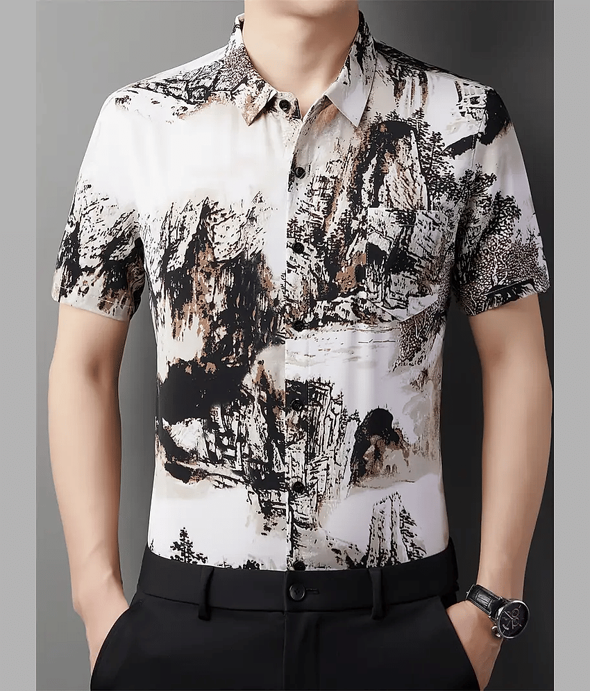 AAPSKA Poly Cotton Regular Fit Printed Half Sleeves Men's Casual Shirt - White ( Pack of 1 )