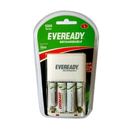 Eveready AA Rechargeable Battery & Charger| 1000 Series | Combo Pack with 4 Batteries & Charger | Low Discharge Mechanism | Ideal for High Drain Devices| 1.2V | India’s No.1 Battery Brand Eveready AA Rechargeable Battery & Charger| 1000 Series | Combo Pa