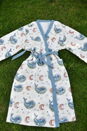 Kids HandBlock Premium Waffle Cotton Bathrobe Whale Pattern - Small (2-4 years)
