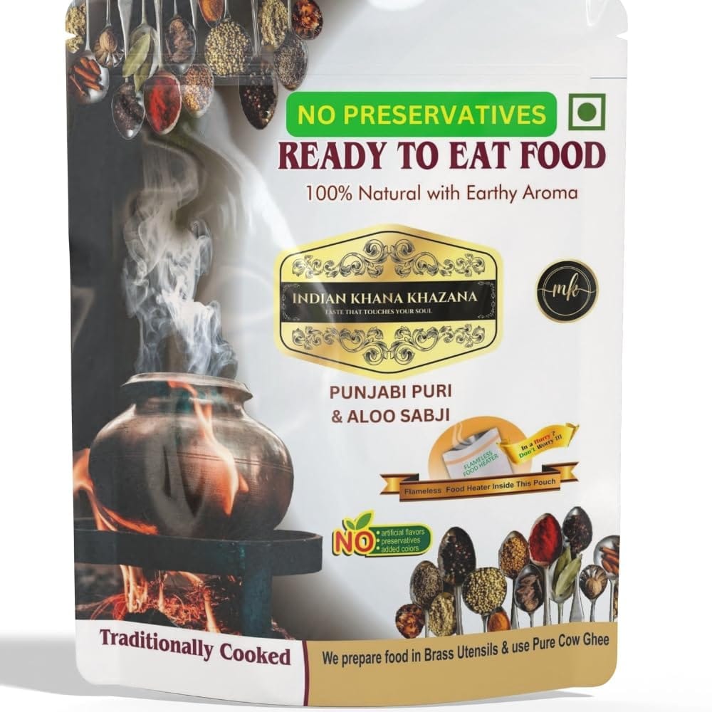 Punjabi poori Aloo Sabji COMBO | No Added Preservative and Colours | Serve Hot Anytime Anywhere with our Flameless Food Heater inside the Pack | Indian Tasty Flavour Ready to Eat Food |