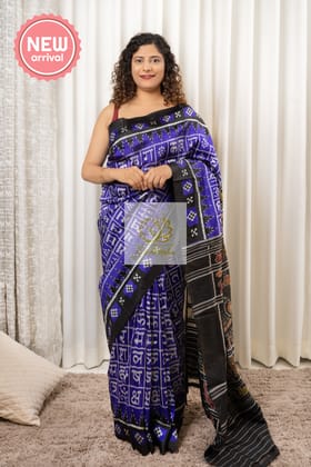 Exclusive Odisha Ikkat Khandua Silk Saree- Hindi Varnamala Indigo