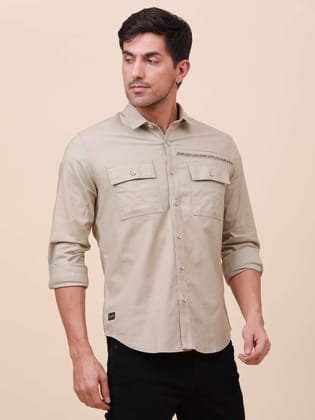 Beige Solid Double Pocket Shirt-S