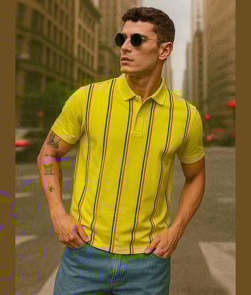 GET GOLF Men Cotton Blend Regular Fit Striped Polo T Shirt ( Yellow )