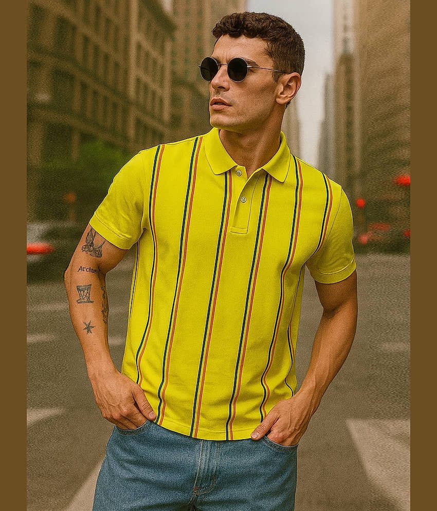 GET GOLF Men Cotton Blend Regular Fit Striped Polo T Shirt ( Yellow )
