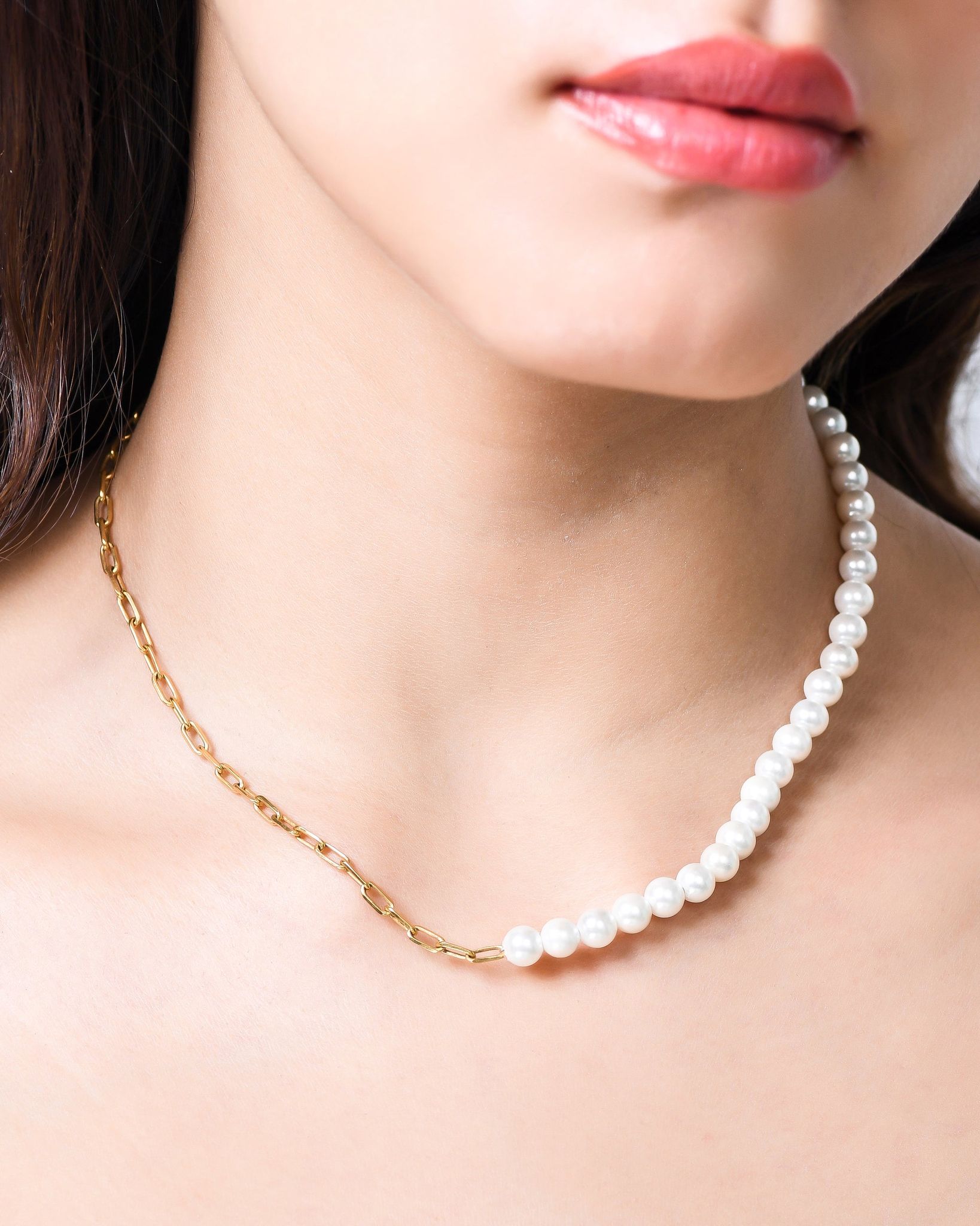 Half Pearl & Chain Style Necklace