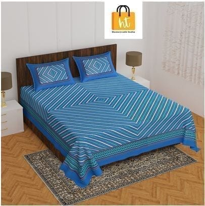 3001-Hometrade India-Standard King Size (90*108 Inches)-Buy Pure Cotton Jaipuri Printed Flat King Size Double Bedsheet With 2 Matching Pillow Cover