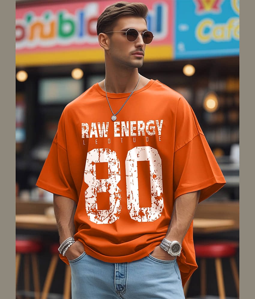 Leotude Men Cotton Blend Oversized Fit Printed T-Shirt ( Orange )
