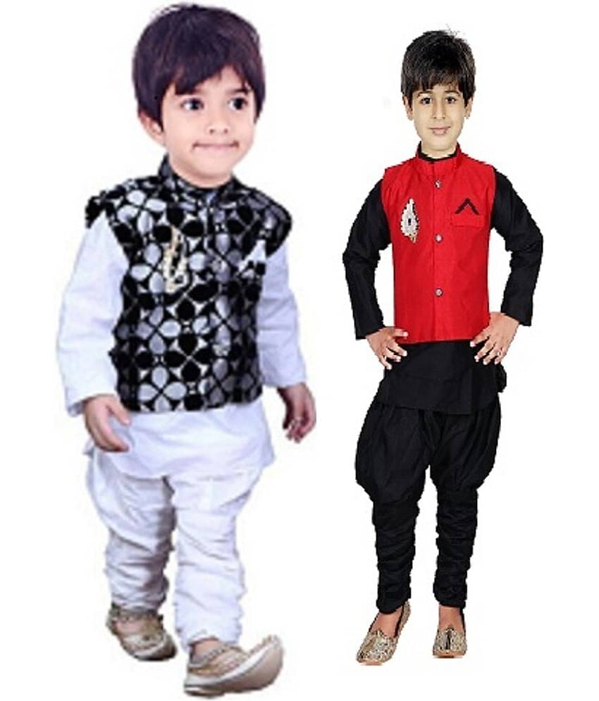 hrr Baby Boys Silk Ethnic - Pattern Kurta Pyjama Set ( Black , Pack of 2 )