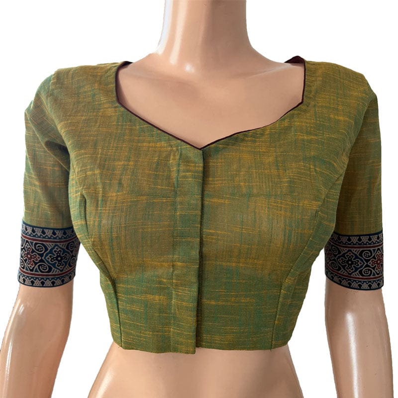Slub Cotton Sweetheart neck Blouse with Ajrakh Patches, Olive Green, BH1272-S