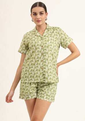 Green Printed Pure Cotton Regular Night Suit-XS