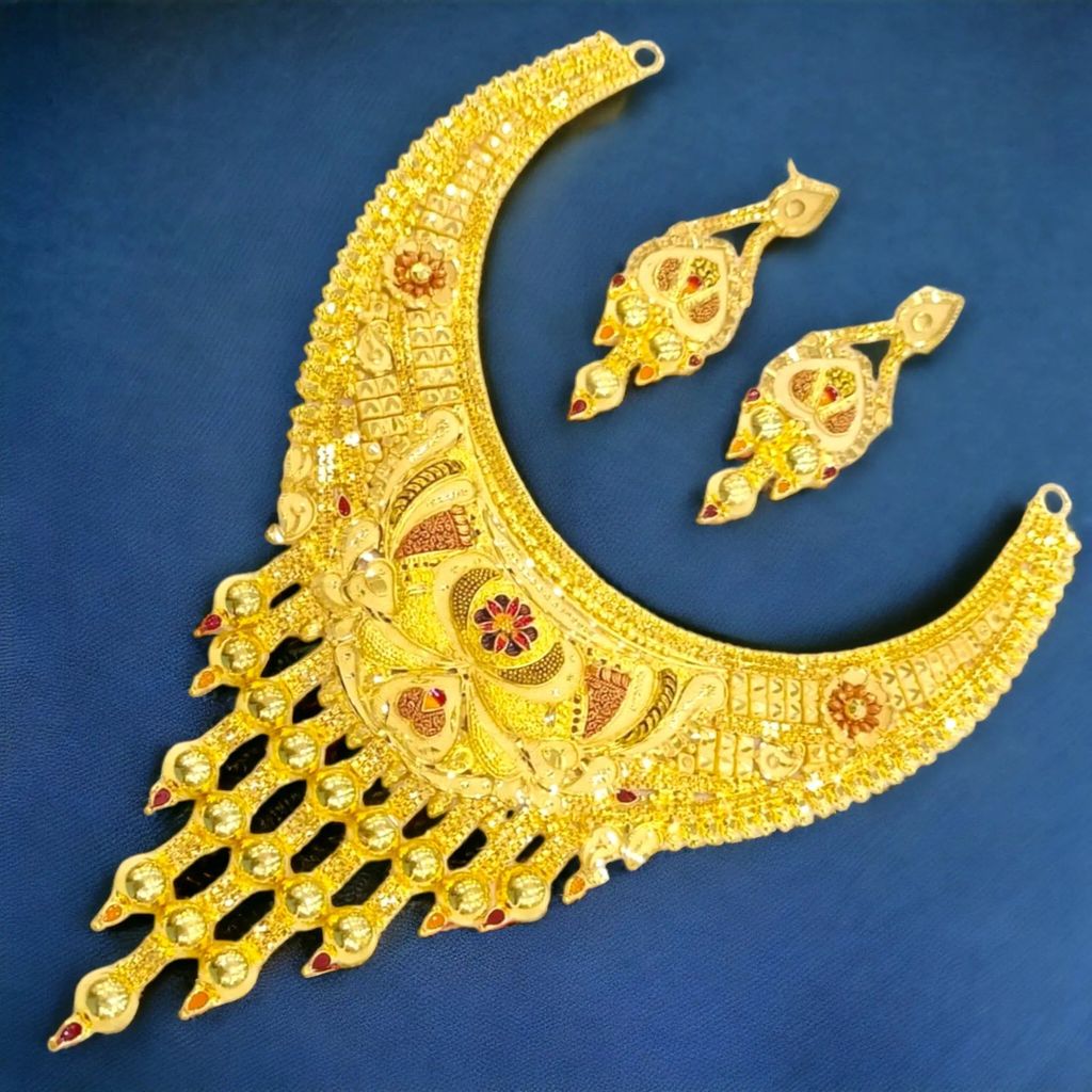 Statement Gold Plated Necklace Set with Matching Earrings