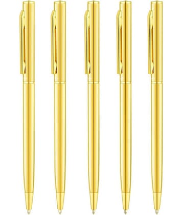UJJi Sleek Golden Color Body Blue Ink Medium Point Pack of 5 Ball Pen