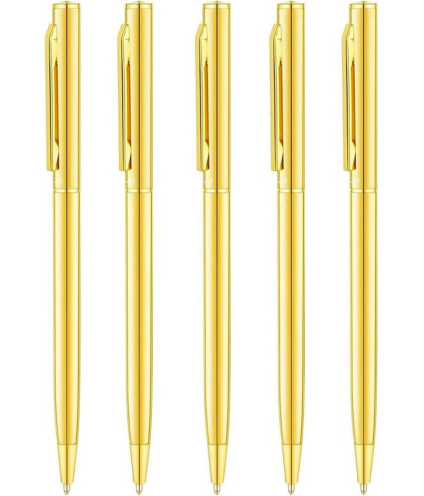 UJJi Sleek Golden Color Body Blue Ink Medium Point Pack of 5 Ball Pen