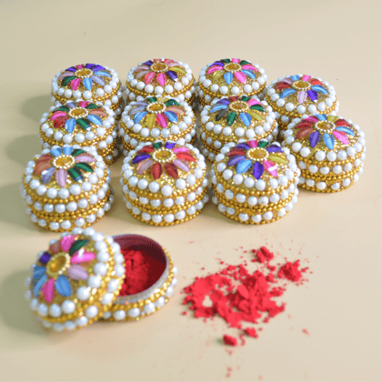Handmade Golden Small Kumkum Box with Tilak Stick | Pack of 12