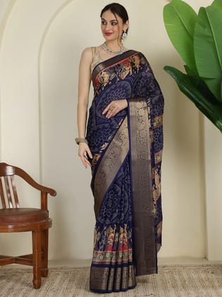 Royal Navy Blue Banarasi Art Silk Saree with Rich Zari Border & Floral Traditional Design