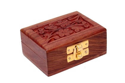 Brown Wooden Storage Box Mini Small Size Organizer For Ear Rings And Nose Pins Storage Box With Carving Design