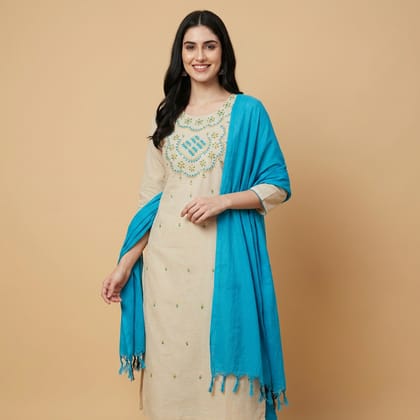 Hand-Embroidered Dress Material with Dupatta | White & Sky Blue Hand-Embroidered Dress Material with Dupatta | White & Sky Blue