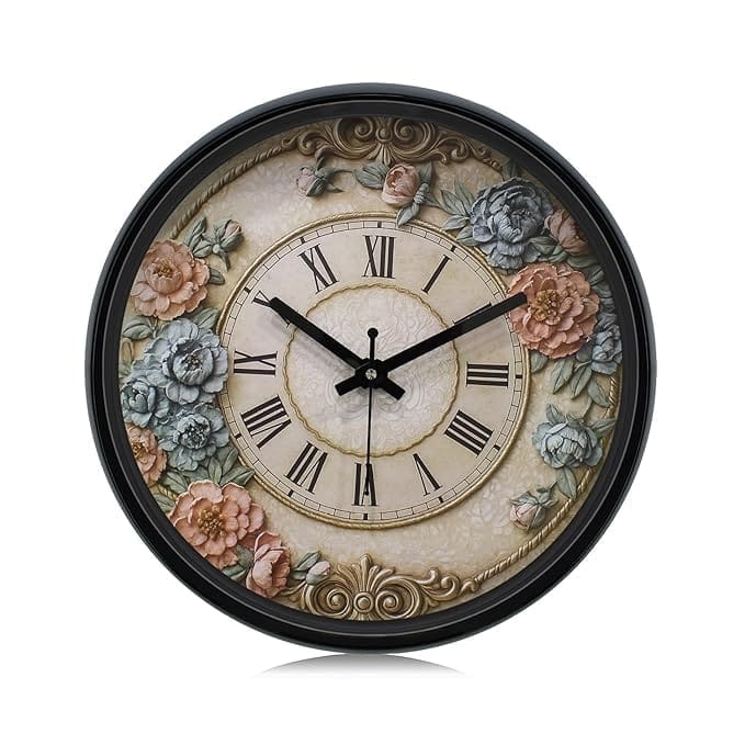 Solimo 12-inch Plastic & Glass Analog Wall Clock - Victorian Bliss(Silent Movement), Black
