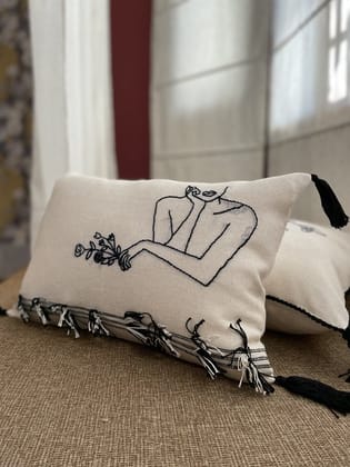 KRI India Lined Flower Wanderlust Cushion cover 12x18" | White & Black | Wash & Care | 100% Cotton | Handcrafted in India. 100% organic & natural.