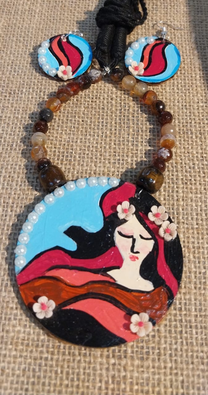 Handmade Handpainted Necklace with Glass Beads Mala, On Wooden Base Including Hanging Earrings
