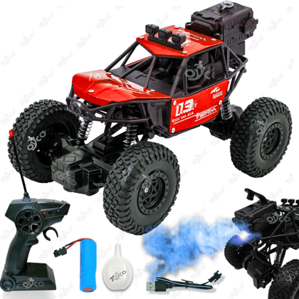 TOYCO 1:18 Alloy Rock Crawler - Rechargeable RC Car with Water Spray System, LED Smoke Effect & Anti-Slip Tires | Off-Road Toy Truck/Car Gift for Boys Age 4+, RED