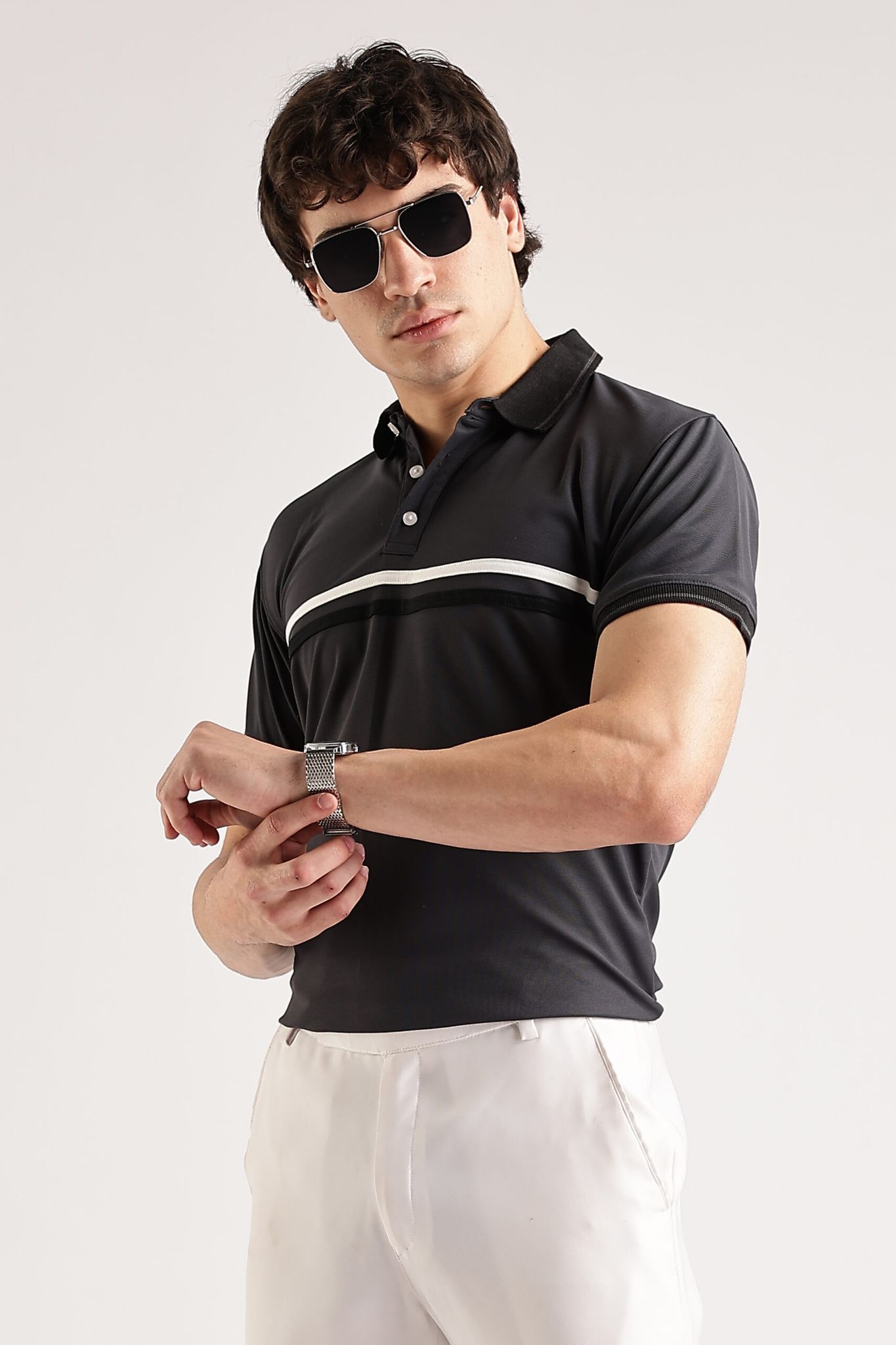 Polyester Grey Striped Polo