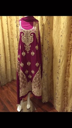 Pure Crepe Heavy Embroidered (Zardozi Tilla) Suit With Odhani in Red Purples
