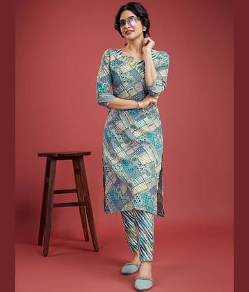VERTUSY Cotton Printed Kurti With Pants Women's Stitched Salwar Suit - Turquoise ( Pack of 1 )