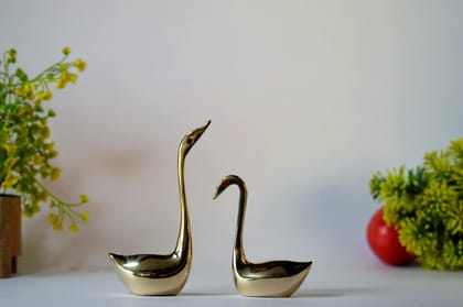 Brass Swan Pair Statue (Color - Golden, Size - 5.5H *3.5L*1.5B & 4H *3.5L*1.5B) by Snova Enterprises