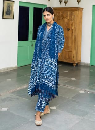 Rabani Indigo Cotton Hand Block Kurta Set With Chiffon Dupatta-S / Blue