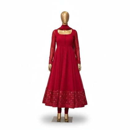 Women's Red Embroidered Anarkali Suit Set