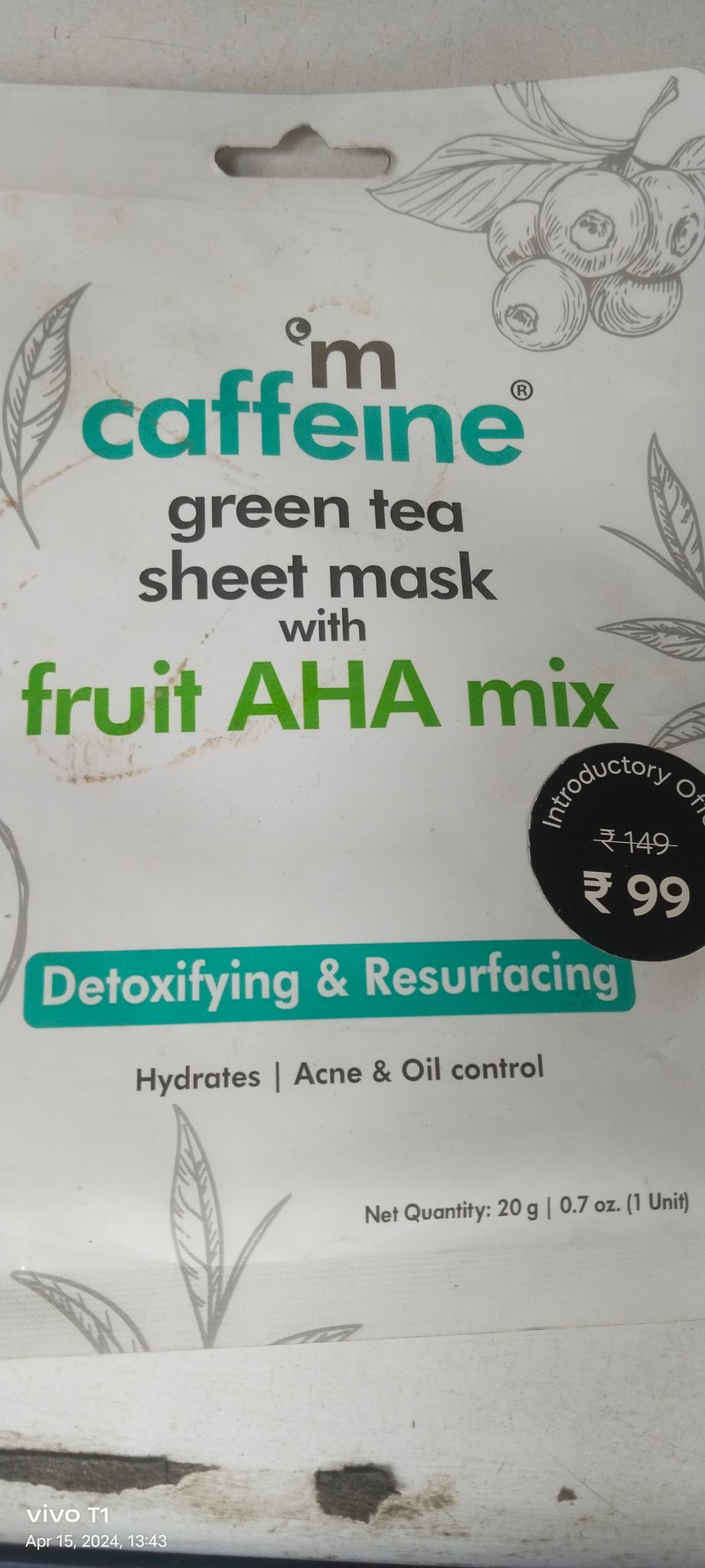 Caffeine Green tea Sheet mask With Fruit aha mix 