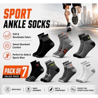 SPORT SOCKS 170526 PACK 7 Men Sports Ankle Socks Cotton Breathable Sweat Absorbent Daily Wear Socks for Men