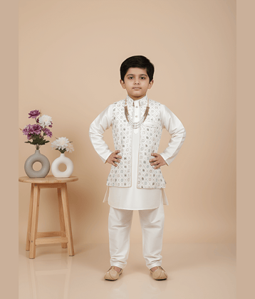 New Collection Boys Silk Blend White Kurta Churidar Set ( Pack of 1 )