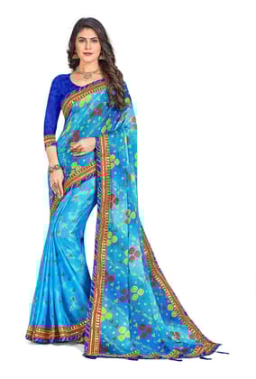 ANSH Womens Chiffon Bandhani Saree length (5.5m) & Blouse Piece Size (0.8m) (Blue)