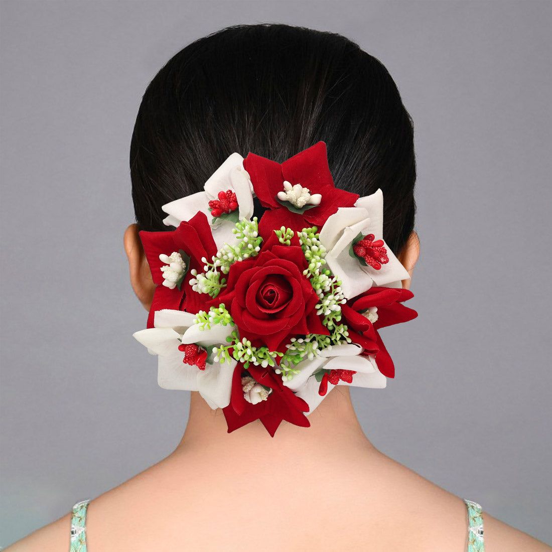 Maroon & White Color Rose Flower Hair juda//Bun (HRP271MRNWHT)-Default Title / maroon,white / Synthetic