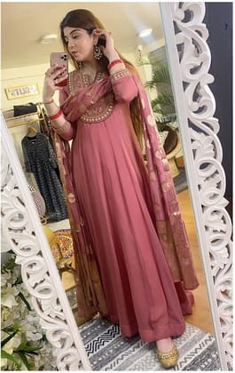 BRIGHTEN WEAR GAJARI COLORED EMBROIDERY FAUX GEORGETTE FLOOR TOUCH ANARKALI WITH DUPATTA-XS-34