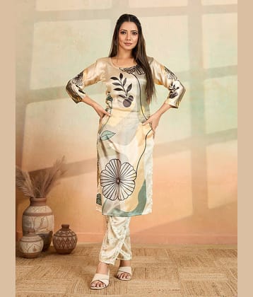Women Basket Women Rayon Printed Straight Kurti With Pants ( Beige )