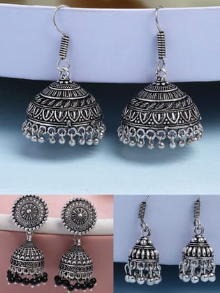 NVR Women's Set of 3 Traditional Silver Plated Oxidized Jhumka Earrings-One Size / Silver / German Silver