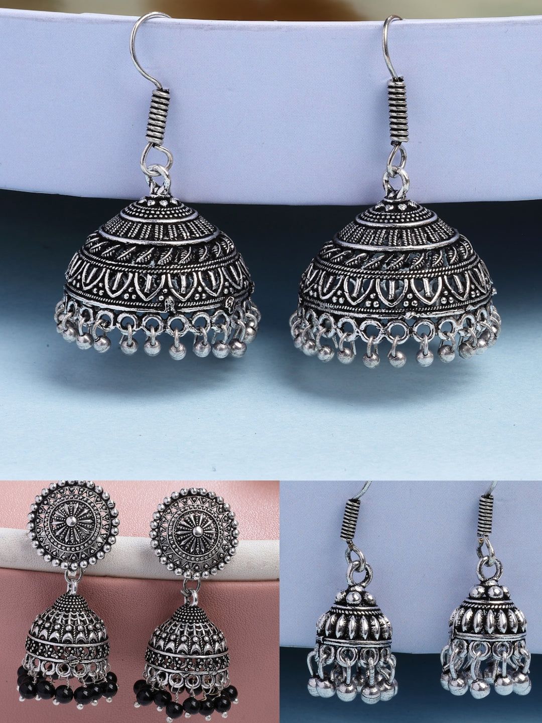 NVR Women's Set of 3 Traditional Silver Plated Oxidized Jhumka Earrings-One Size / Silver / German Silver