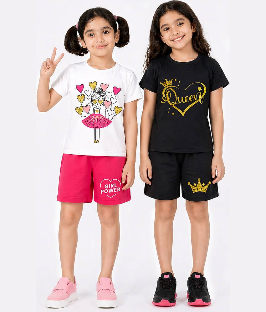 Trampoline Girls Cotton Blend T-shirt & Shorts Set ( Multicolor , Pack of 2 )