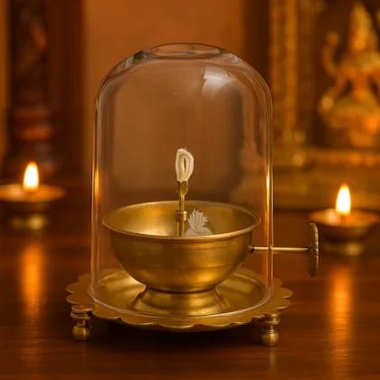 Swarajya India Brass Akhand Diya with Borosilicate Glass Cover | Adjustable Wick Screw | Large 250 ml Oil Capacity | 72 Hours Long-Lasting Flame