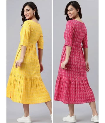 ASHISH PRINT Women Cotton Blend Printed A-line Dress ( Orange )