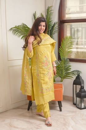 ILahi Yellow Embroidered Suit Set-XXL