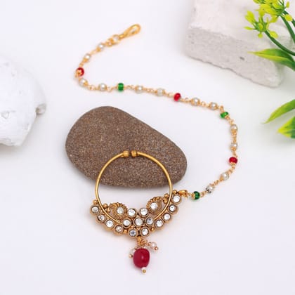 Red Color Nose Nath (NTH349RED)-Length: 21.00 CM x Width: 0.30 CM / Green / Alloy With Good Quality Gold Plated